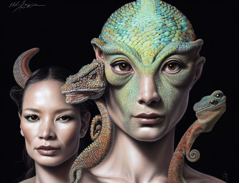Portrait of woman with chameleon-headed figure and real chameleons portrait.