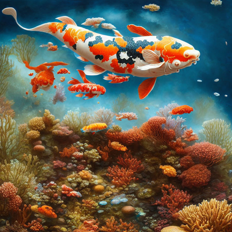 Colorful underwater illustration: Oversized koi fish among coral reefs