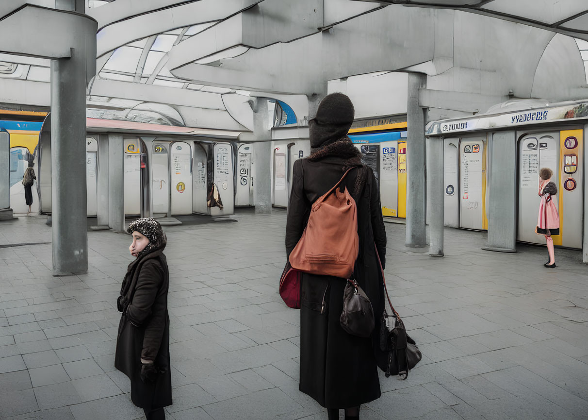 Woman and child in modern subway station with approaching train and metal columns.
