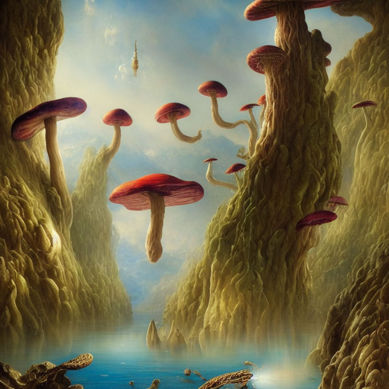 Surreal landscape with giant mushrooms, serene water, cliffs, and floating islands