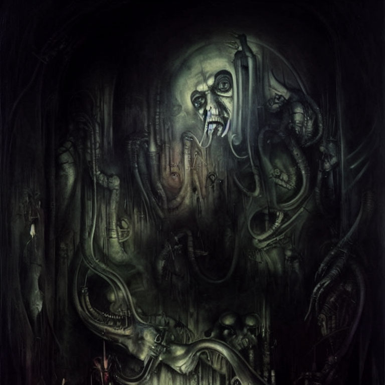 Dark artwork featuring skeletal face, serpentine creatures, and distorted figures in chilling scene