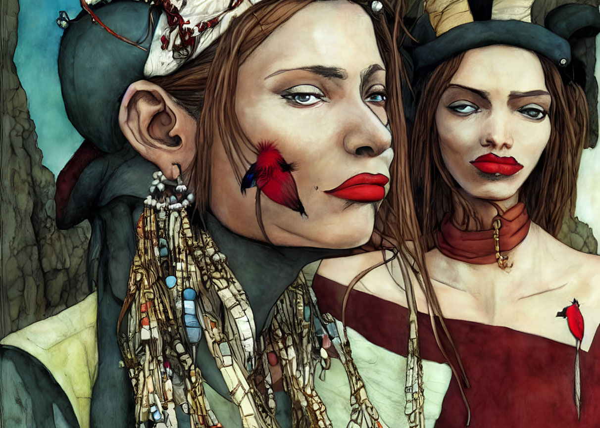 Two stylized women with red lips, necklaces, feathers, and horned headdress in tribal