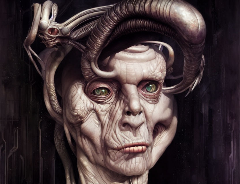 Detailed Illustration of Alien with Green Eyes & Curved Horns