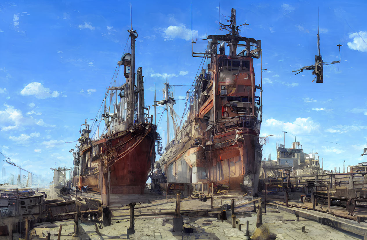 Rusted ships in drydock with drones and clear sky.
