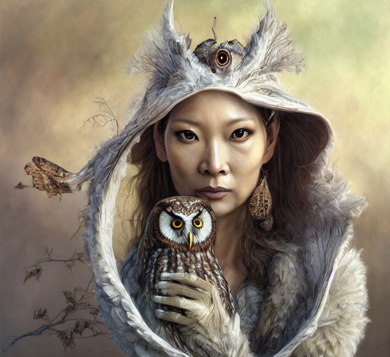 Feathered Person Holding Owl in Earthy Tones