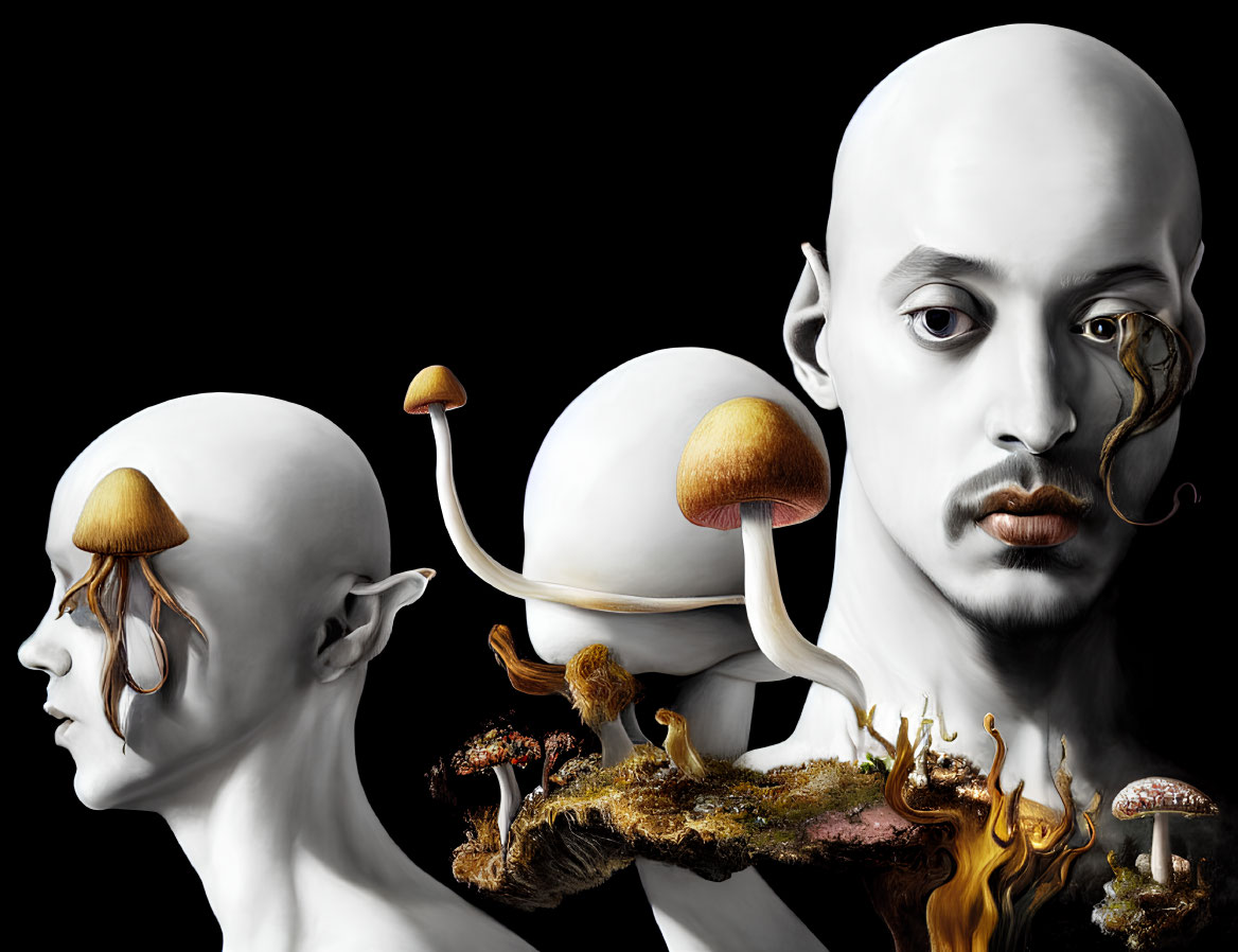 Surreal portrait: human heads with mushrooms on black background
