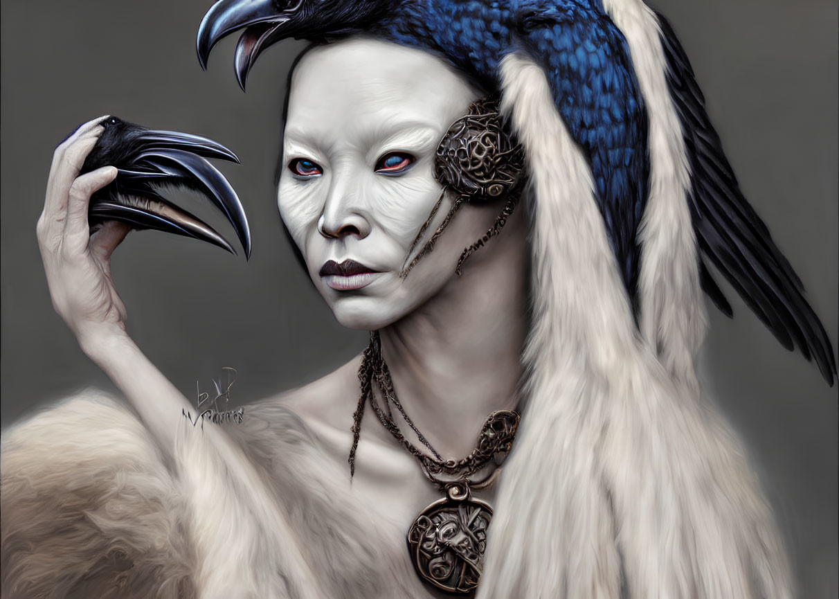 Mystical figure with white face makeup, red eyes, raven, fur, and jewelry