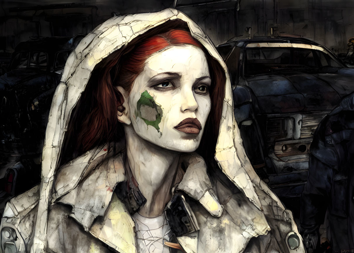 Red-haired woman in hood among derelict cars, looking contemplative.