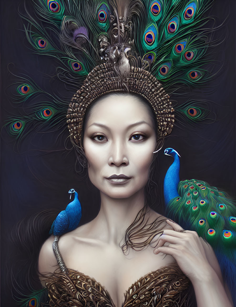 Asian woman portrait with peacock feather headdress and attire on dark background