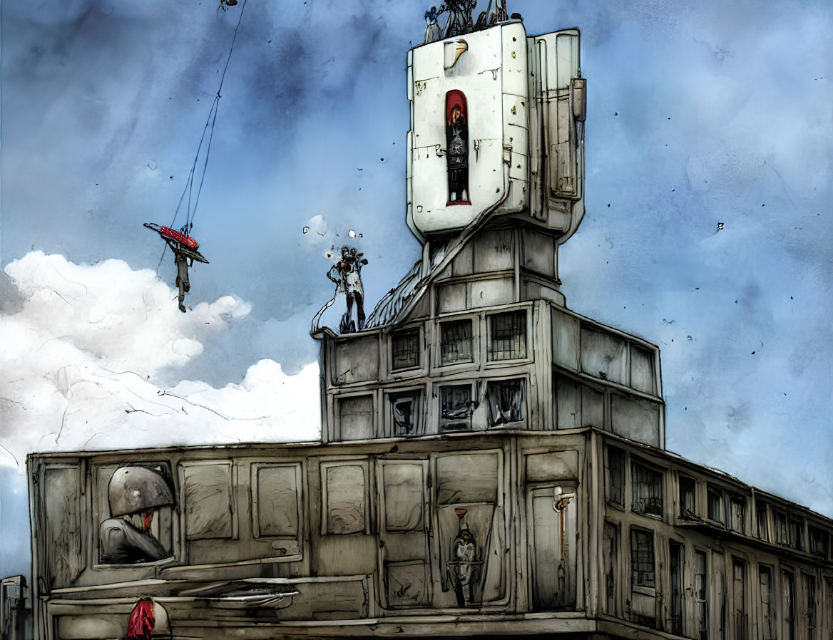 Dystopian illustration: mechanical structure, robots, humans in confined spaces