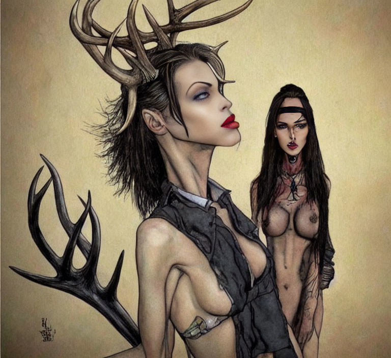 Illustration of two women with antlers, one in gray shirt, windswept hair, and