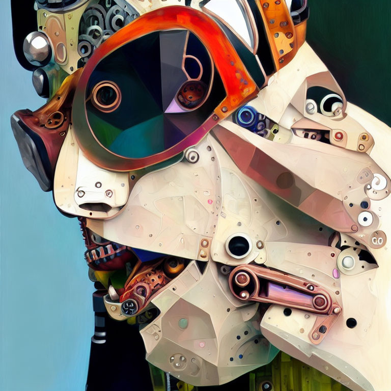 Abstract Robotic Dog Head with Colorful Mechanical Features