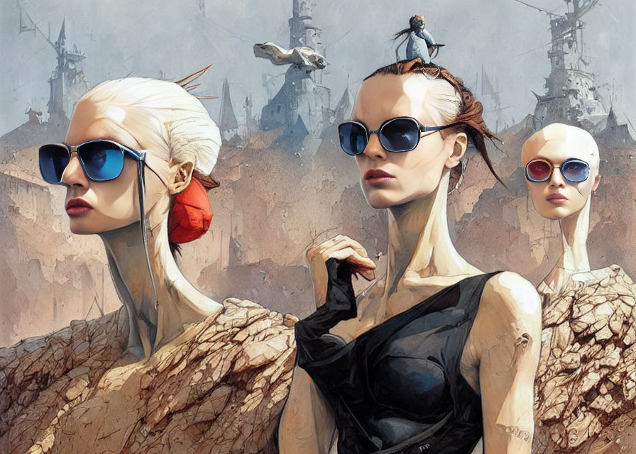 Stylized female figures with sunglasses in post-apocalyptic scene