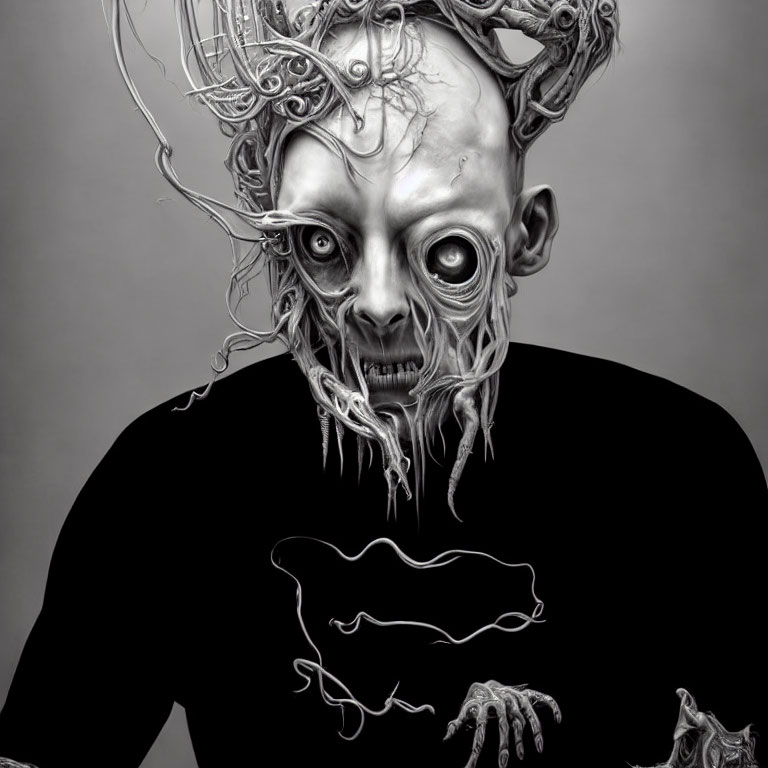 Surreal monochromatic figure with skull-like face and tentacle hair on grey background
