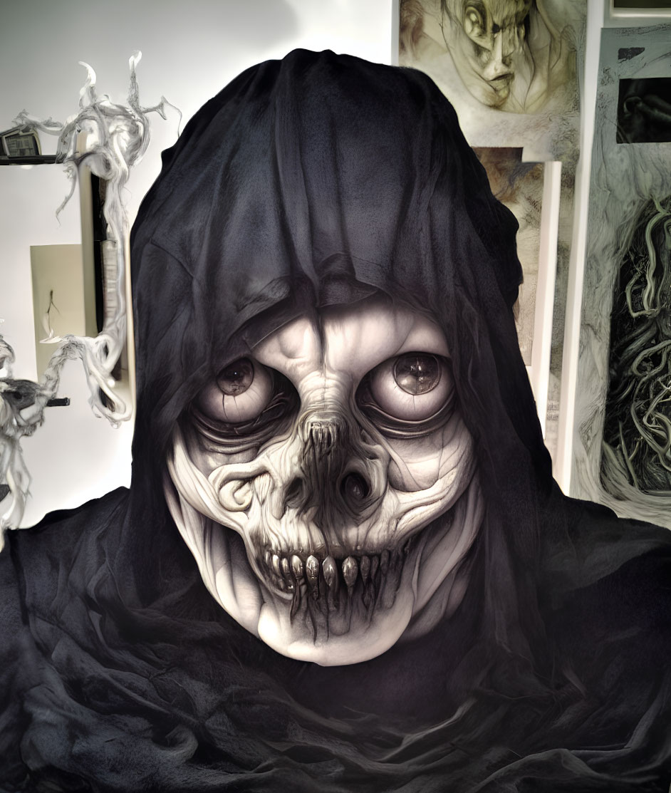 Person in Skull Mask Poses in Front of Artwork