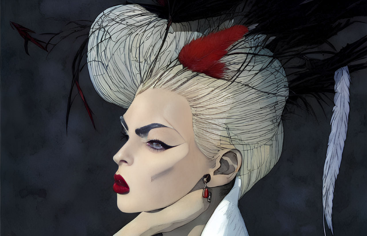 Illustration of person with white updo, red accessory, dark eye makeup, red lipstick, feather