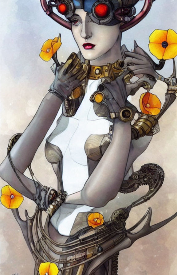 Stylized humanoid female robot with gold accents and mechanical tentacles surrounded by yellow flowers and futuristic goggles