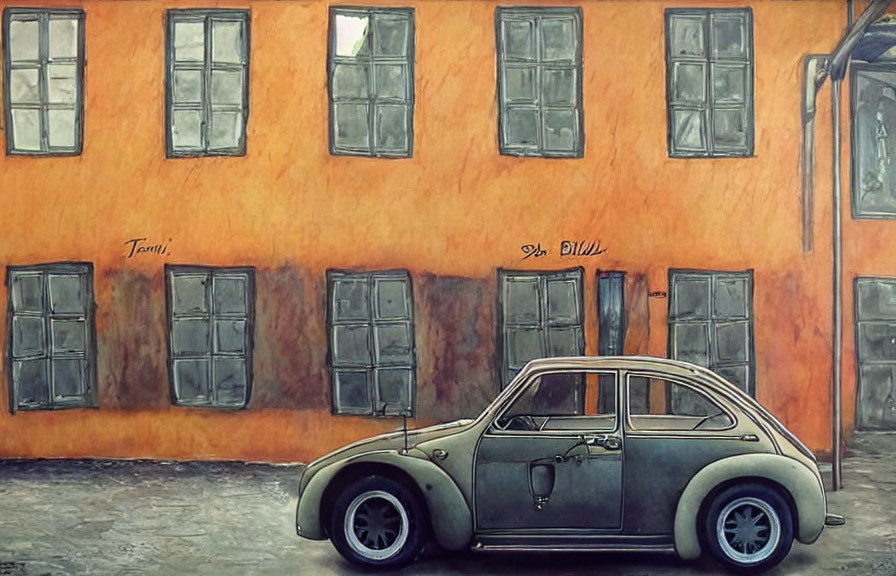 Vintage Beetle Car Parked Beside Orange Wall with Graffiti