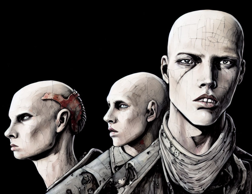 Bald, Pale Figures with Mechanical Elements and Intense Gazes