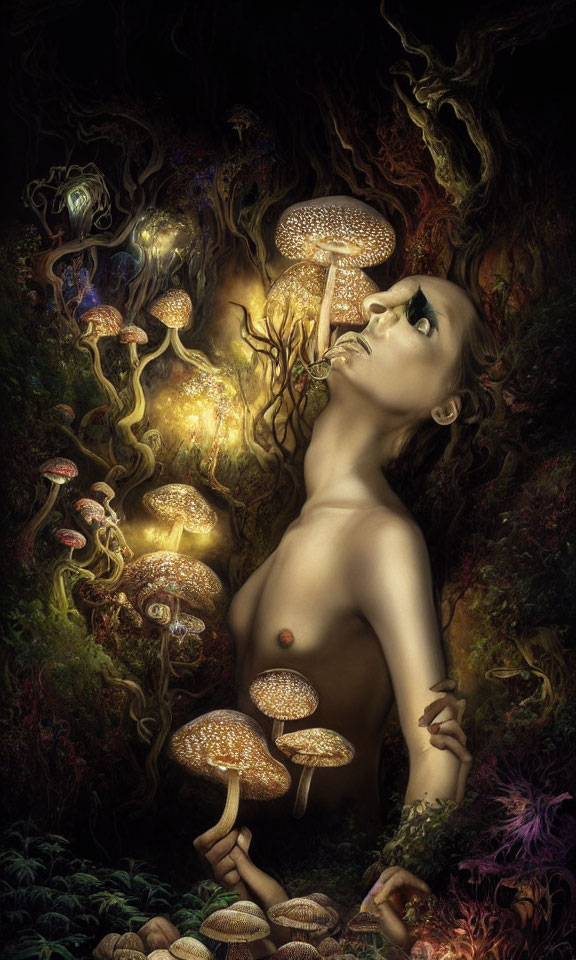 Fantastical woman surrounded by oversized, luminous mushrooms in mystical forest