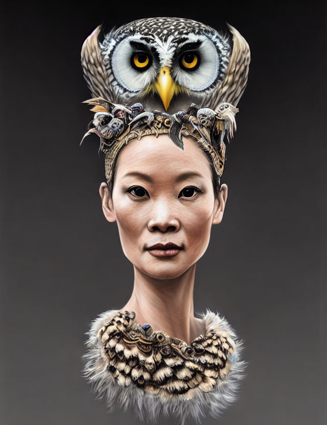 Human with owl-themed headpiece and collar on dark background