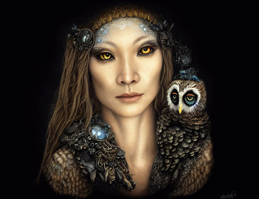 Fantasy illustration of woman with owl features and perched owl against dark background