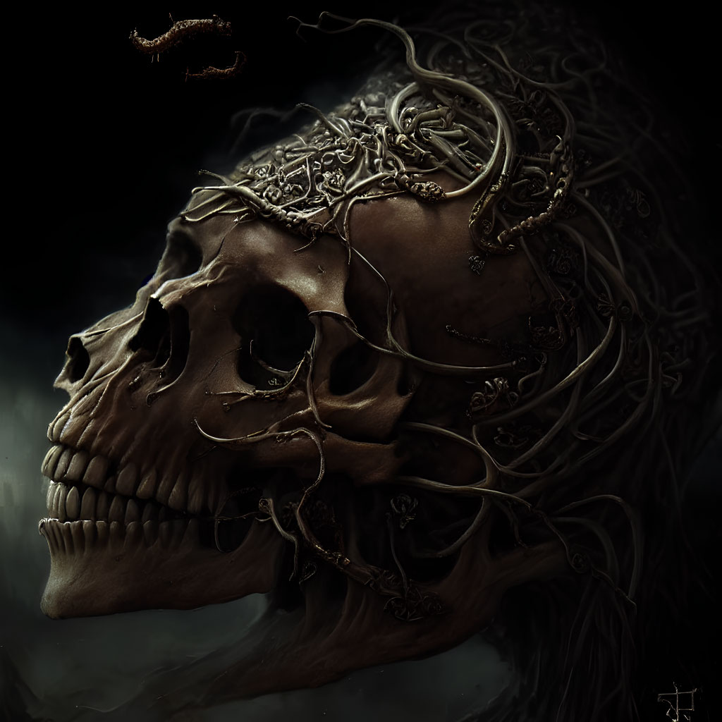 Dark artistic image: Human skull with metal embellishments and intricate patterns.