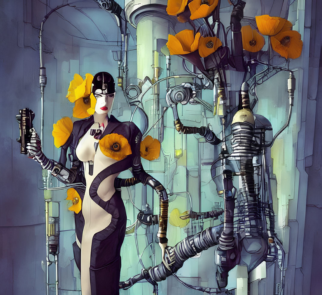 Futuristic woman with mechanical arm and yellow flowers among machinery