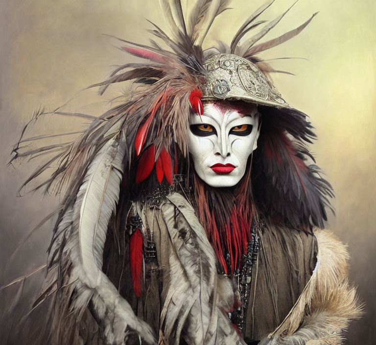 Elaborate tribal costume with feathered headdress and ethnic jewelry
