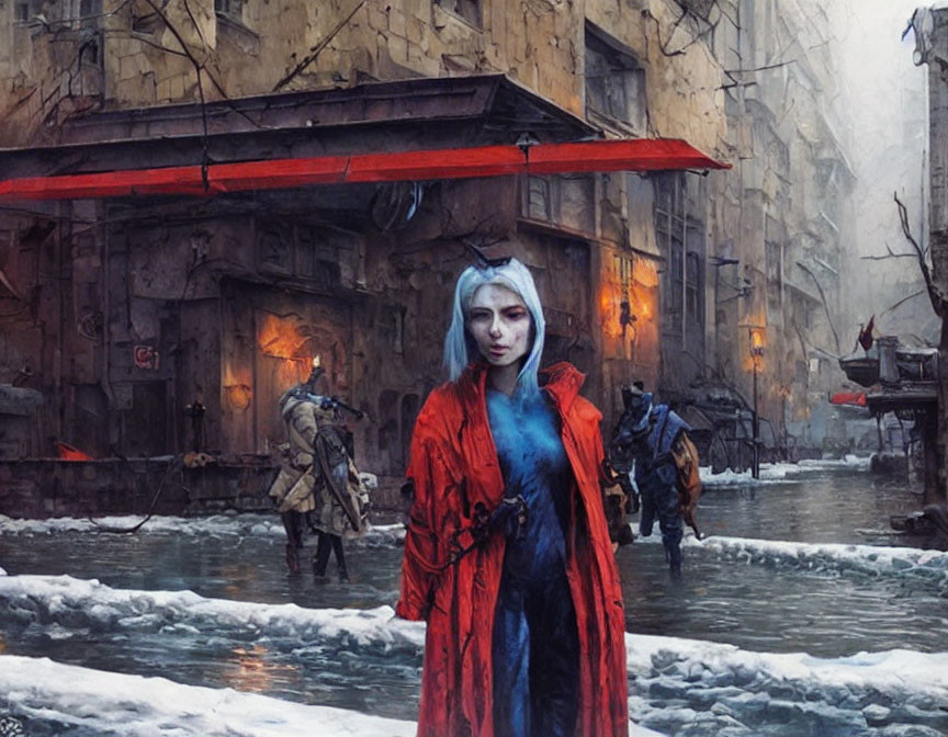 Woman in Red Cloak Stands in Snowy Dystopian City Street