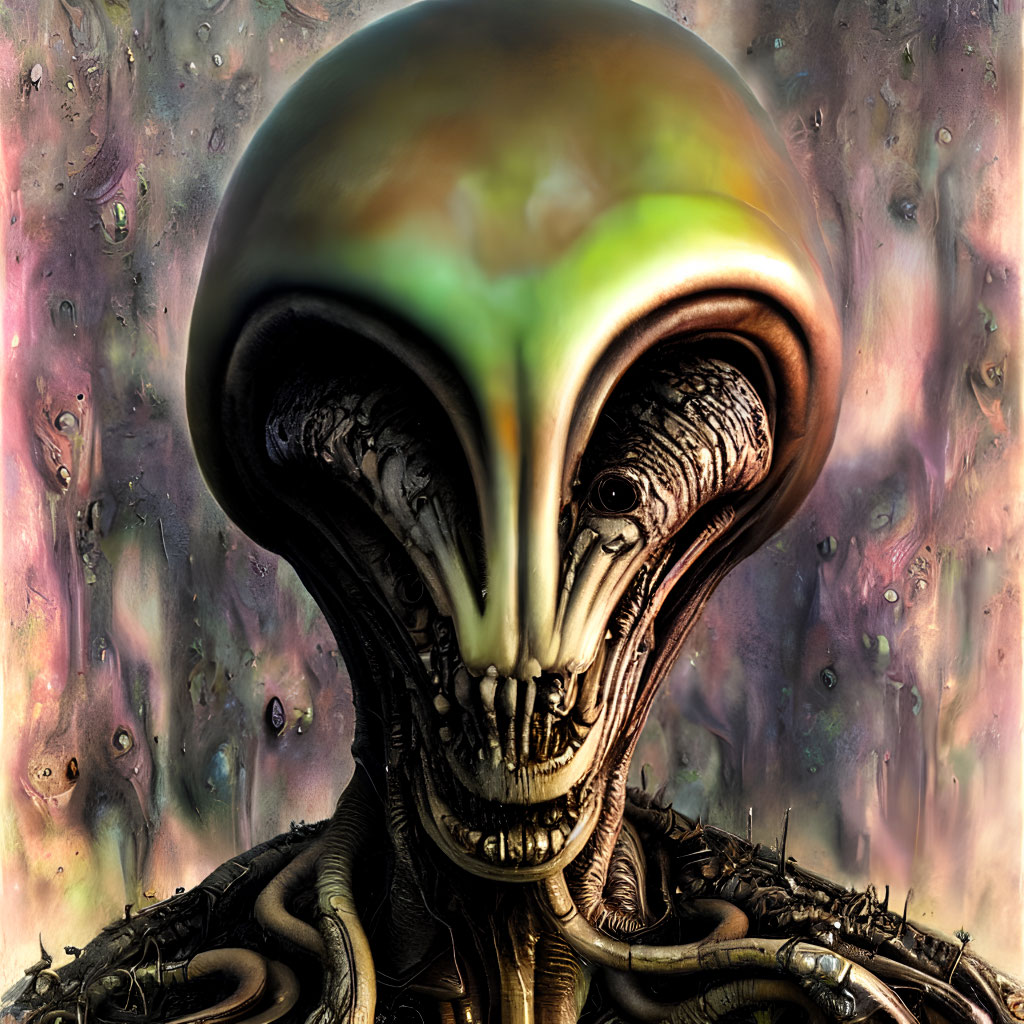Sinister alien with bulbous head and tentacles on textured background