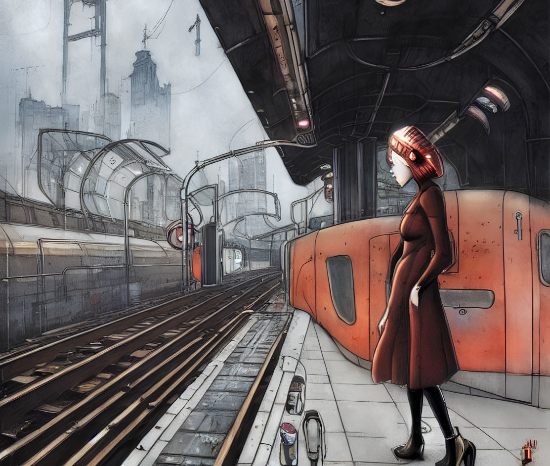 Woman in Red Coat with Futuristic Headgear on Industrial Train Platform