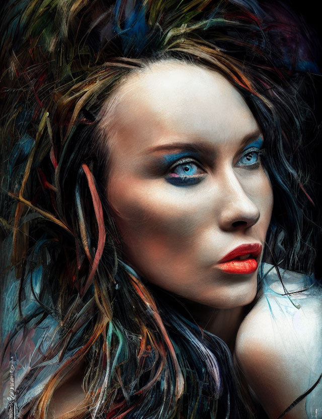 Vivid portrait of a woman with blue eyes, red lipstick, and colorful feathered hair