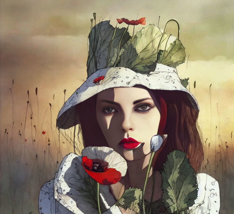 Woman with red lips and leaf-adorned hat in field.