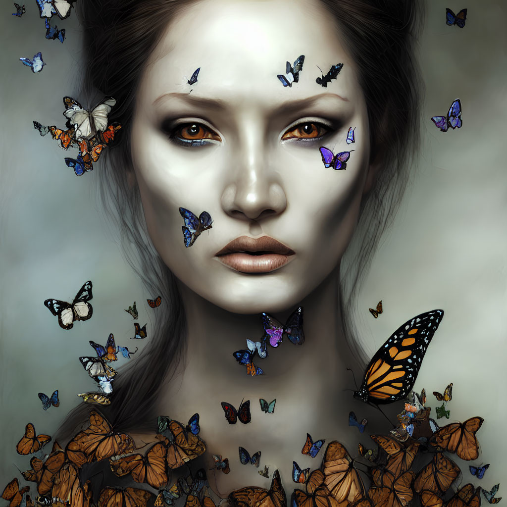 Woman portrait with vivid butterflies, creating serene atmosphere