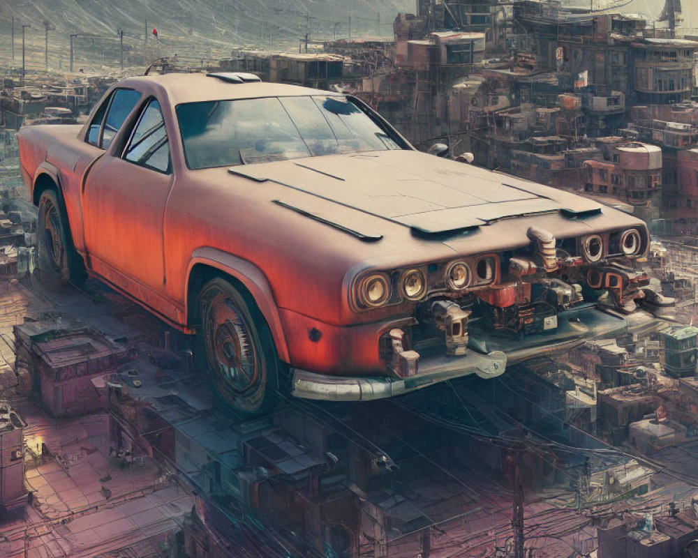 Exaggerated engine retro-futuristic car on hover platform above cyberpunk cityscape