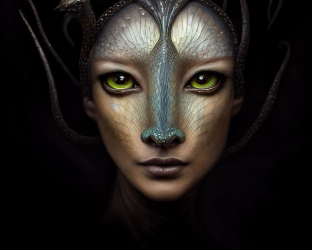 Fantastical humanoid figure with reptilian features and serpent atop against dark background