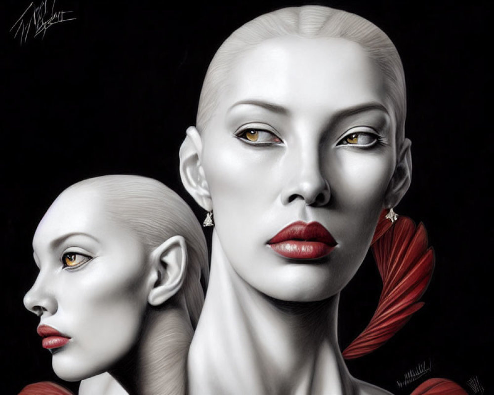 Artistic representation of two female figures with porcelain-like skin, red lips, and gills on their