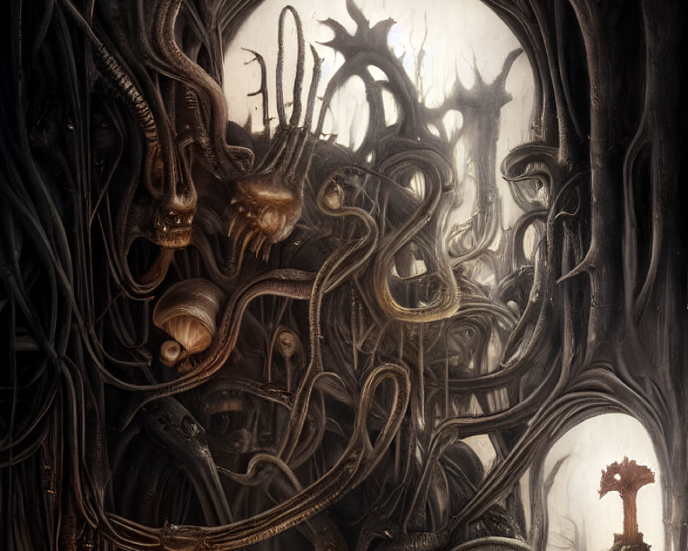 Dark fantasy scene with twisted tentacles and skeletal figures in an eerie archway