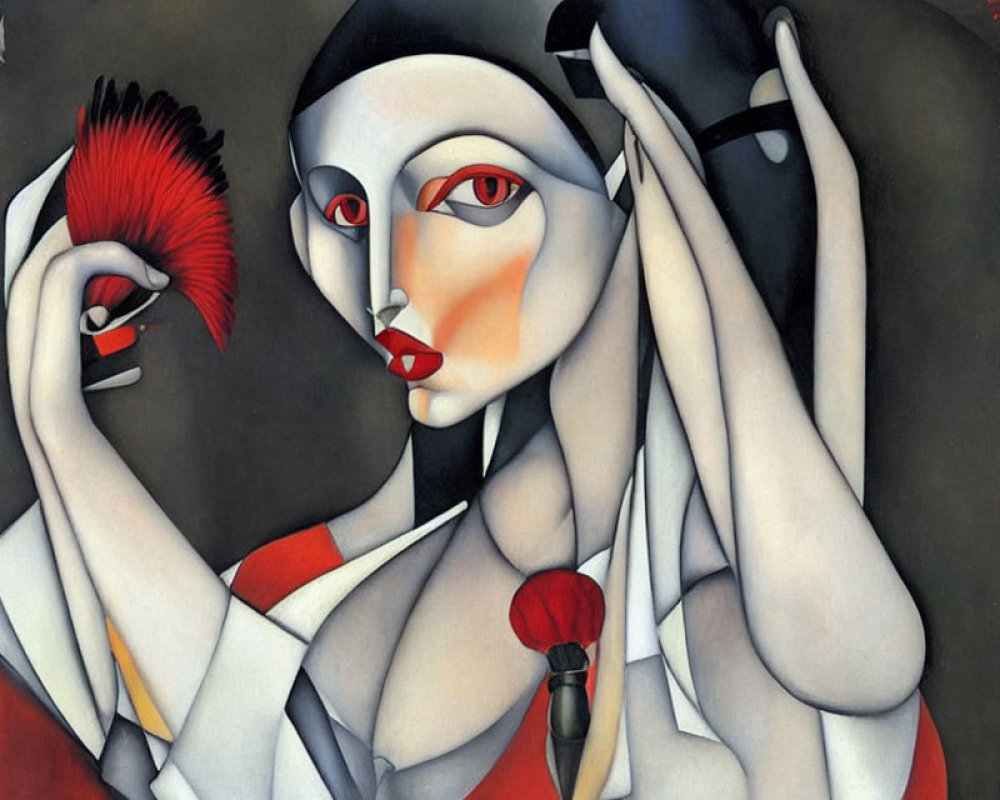 Surrealist stylized portrait of a woman with red lips and feather fan