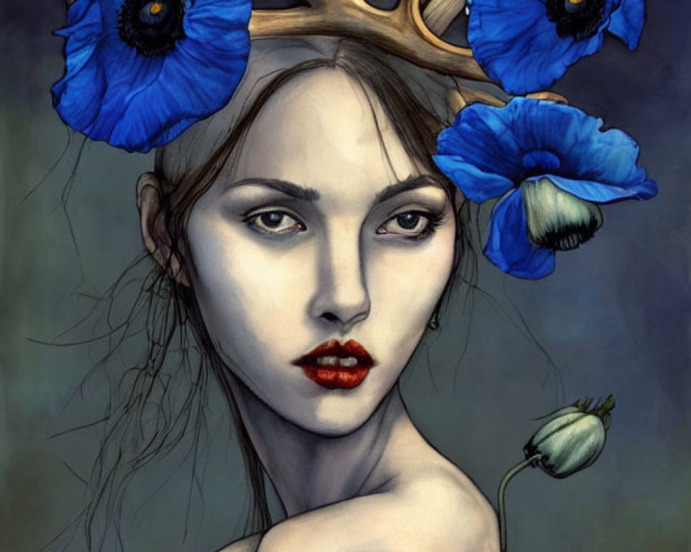 Woman with Antlers and Blue Poppies: Mystical Illustration