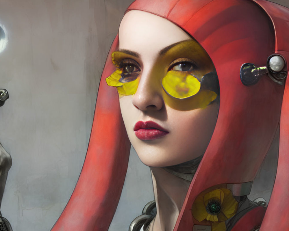 Digital Artwork: Woman in Red Hood with Yellow Goggles and Robot in Futuristic Setting