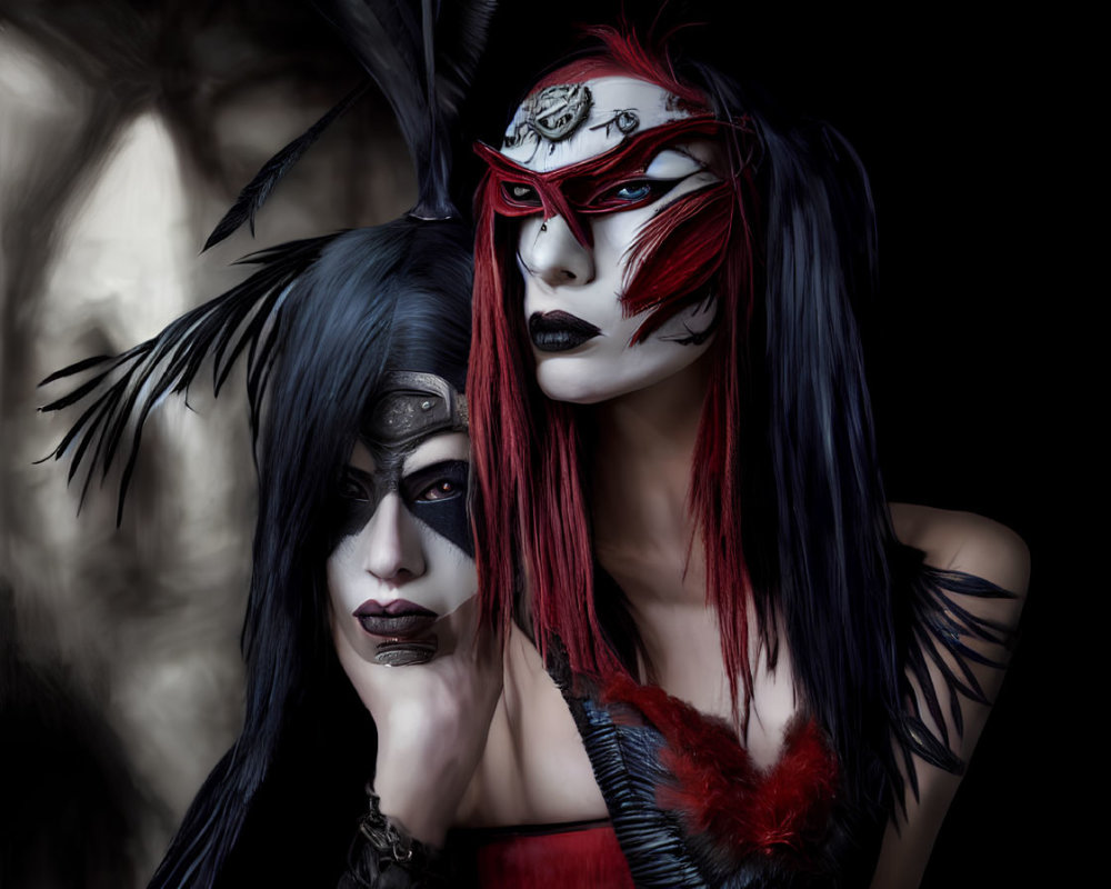 Two individuals with dramatic tribal makeup and feathers in a dark, mystic setting