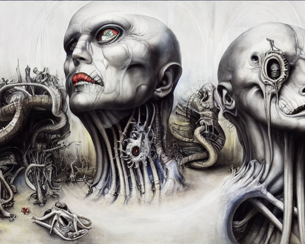 Surreal monochromatic artwork with humanoid faces, mechanical elements, and entwined snakes.