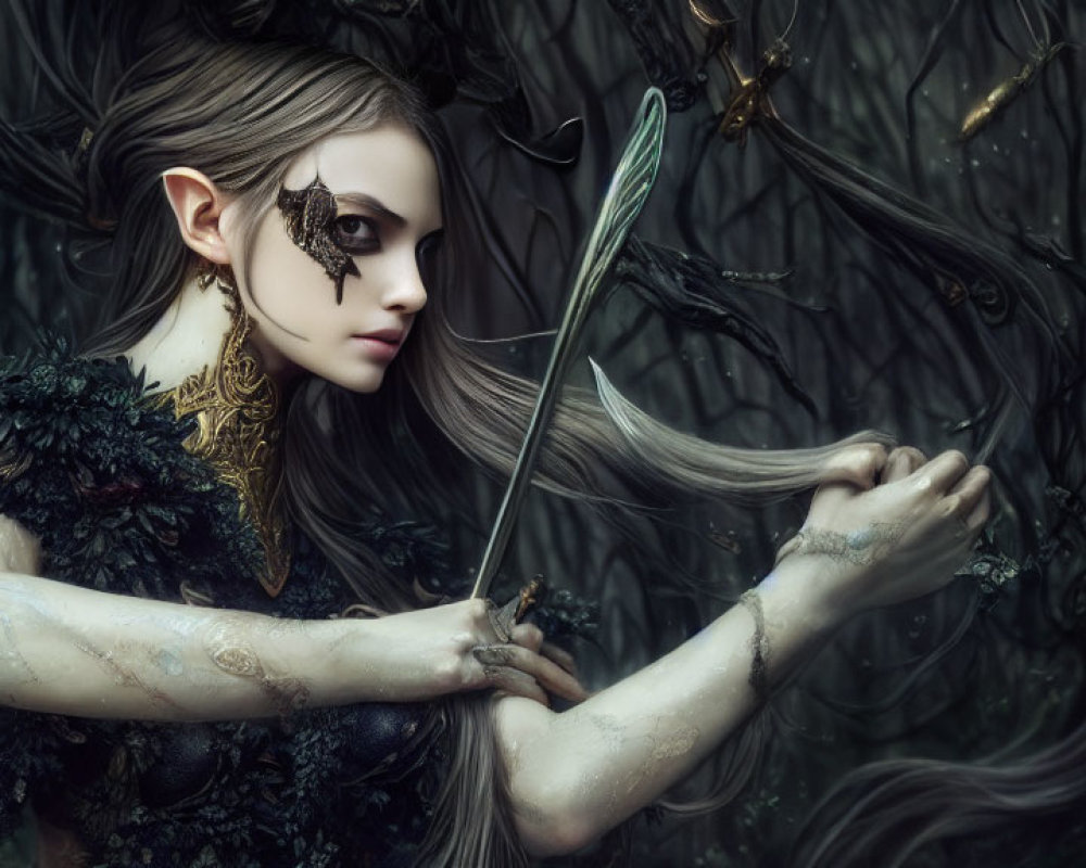 Fantasy elf with bow, eye patch, tattoos in mystical forest
