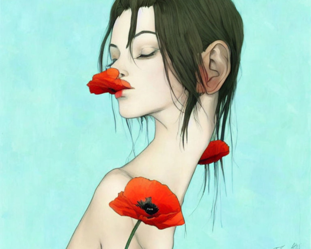 Serene person with closed eyes holding poppy flower against teal background