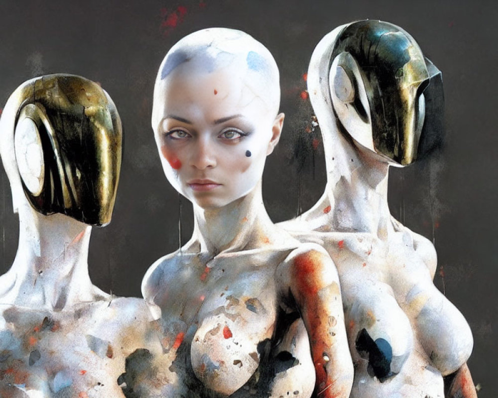 Abstract painting of humanoid figure with shaved head and two robotic figures in artistic wear
