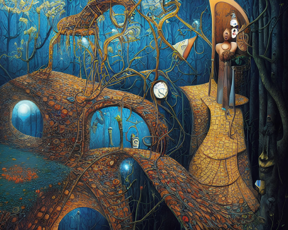 Vibrant surreal artwork: otherworldly forest with whimsical structures and anthropomorphic trees.