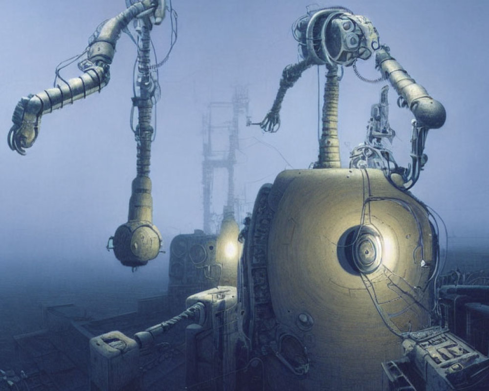 Underwater scene with robotic arms and lit hub among submerged structures