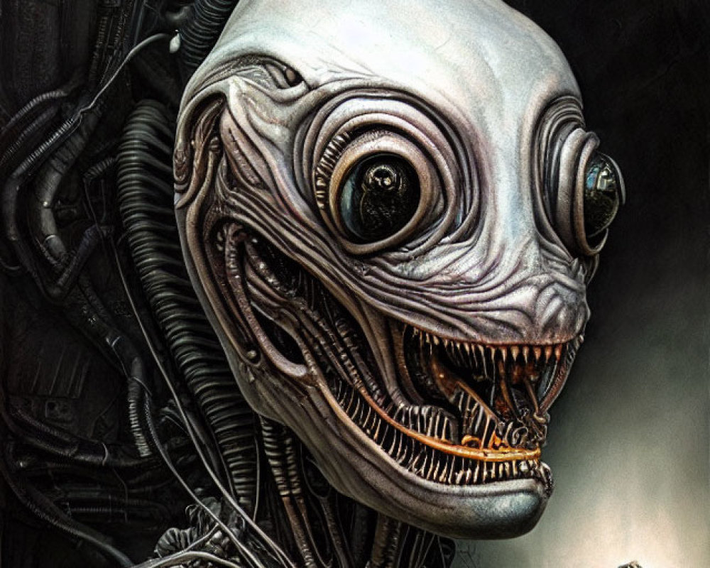 Detailed biomechanical creature with hoses, round eyes, metal teeth, and cybernetic body